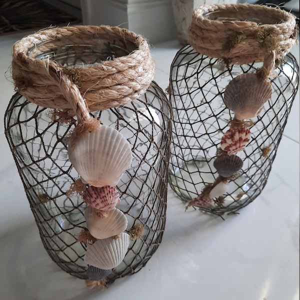 Beach Lantern Centerpiece with Recycled Fish Netting Rope and Seashells Decoration