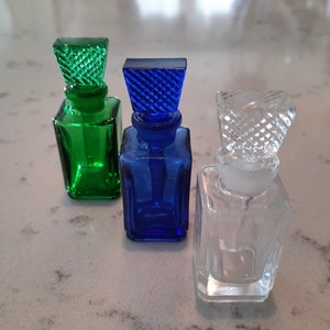 Small Rectangular Glass Apothecary Perfume Jar with Glass Textured Stopper Applicator Choice of Color Clear Blue Green