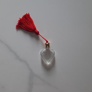 Tiny Heart Shaped Frosted Glass Perfume Bottle with Red OR Blue Tassel 0.14 oz Jar Container