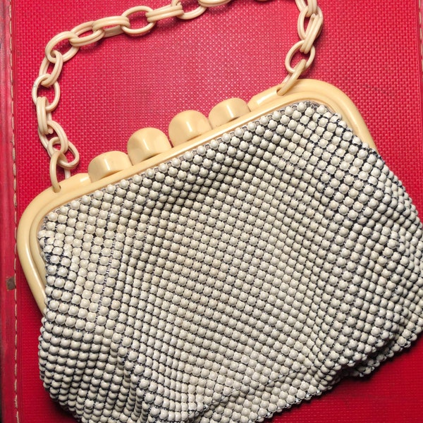 1940s Whiting And Davis White Metal Mesh Bag With Bakelite Chain And Closure