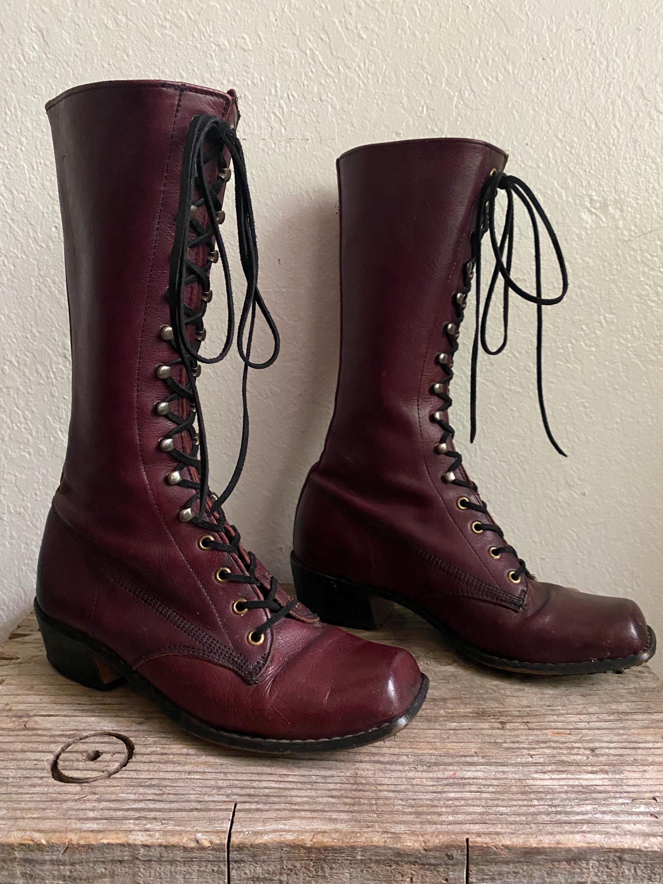 Burgundy Leather Lace up Boots - Etsy display picture 1