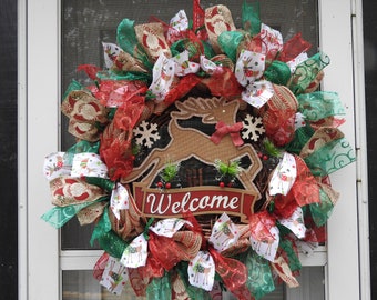 Christmas Reindeer Welcome Burlap Deco Mesh