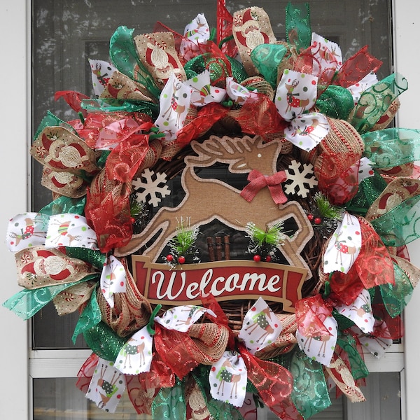 Christmas Reindeer Welcome Burlap Deco Mesh