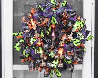 Skeleton Candle Lighted Deco Mesh Wreath