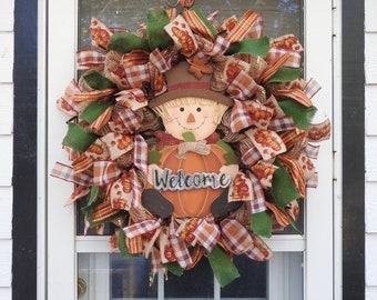 Fall Welcome Scarecrow Burlap Deco Mesh