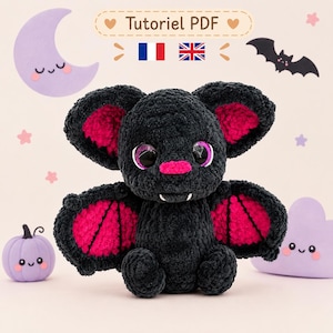 May include: A black crocheted bat plush toy with large ears featuring bright pink inner sections, large purple eyes, a small pink nose, and two white fangs. The text "Tutoriel PDF" is visible at the top with French and British flags.