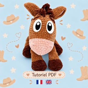 May include: A brown crocheted horse plush toy with a light pink muzzle, dark brown hooves, and large white eyes with black pupils. Below the horse is a rectangular label with the text "Tutoriel PDF" and small French and British flag icons.