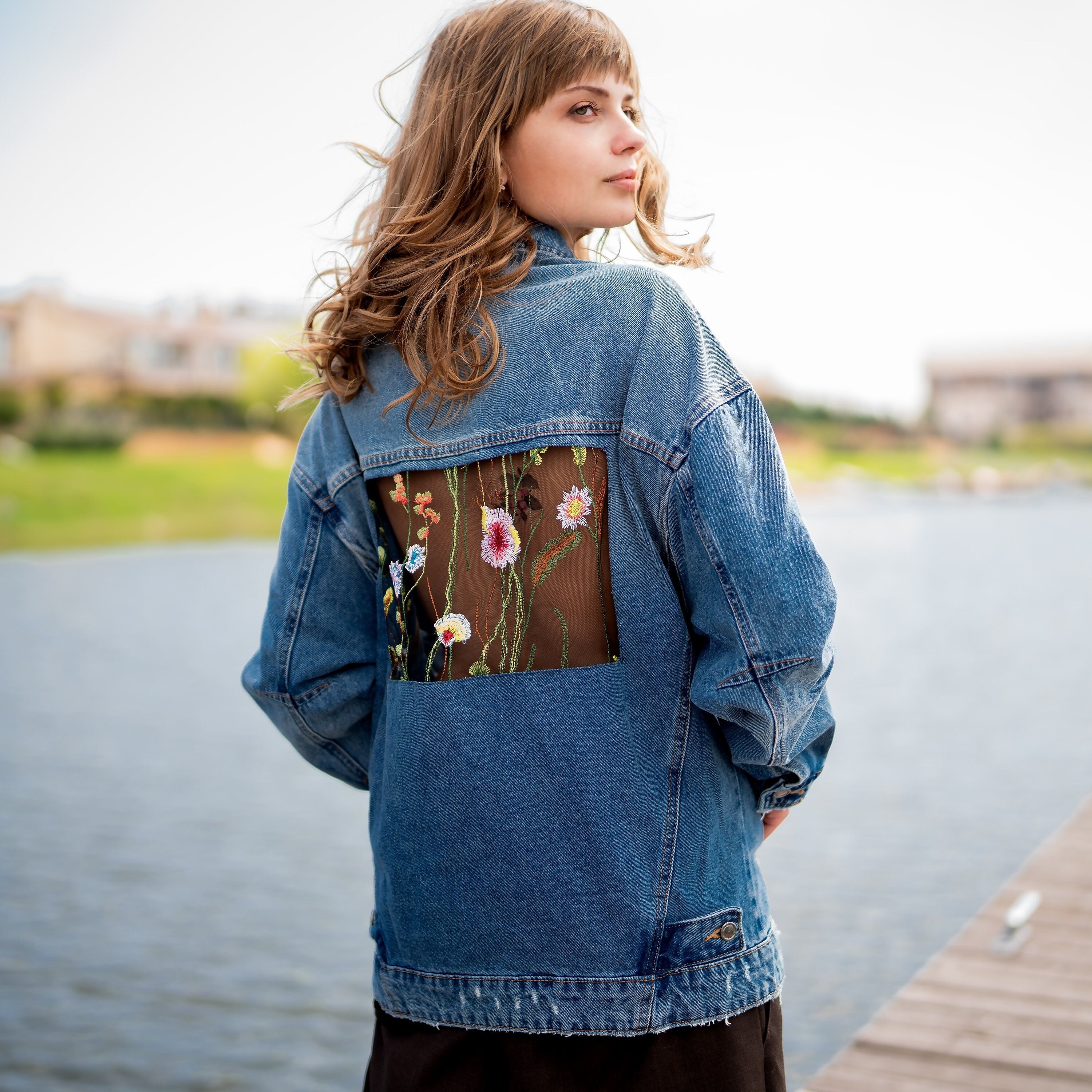 Tulle and denim jacket with floral embroidery