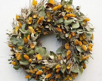 FRI-Collection Couronne de fleurs sèches avec eucalyptus vert jaune 35 - 44 cm