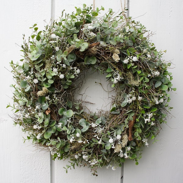 FRI-Collection artificial door wreath with eucalyptus, gypsophila and dried euphorbia in 5 sizes