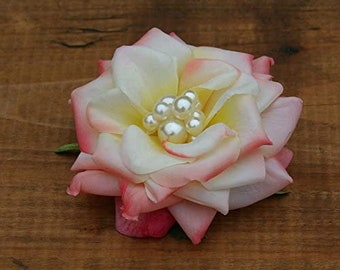 FRI-Collection Haarschmuck Haarblüte Haarblume Ansteckblume Rose Lachs mit Perlen