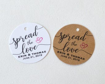 Etiquetas redondas mate blancas o kraft con texto "Difunde el amor": etiquetas personalizadas para regalos de boda, mermeladas y regalos, disponibles en 1,5 o 2 pulgadas.