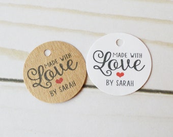Hecho con amor - Mini etiquetas de 1 pulgada o 1.25 pulgadas - regalo personalizado, etiquetas de mercancía, etiquetas colgantes, etiquetas de regalo y etiquetas de joyería