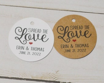Etiquetas redondas mate blancas o kraft con texto "Difunde el amor": etiquetas personalizadas para regalos de boda, mermeladas y regalos, disponibles en 1,5 o 2 pulgadas.