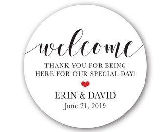 LARGE Glossy Round Sticker Labels - Wedding Favor & Gift Bag Labels, Hotel Bag Stickers, 2 inch, 2.5 inch or 3 1/3 inch - Welcome script