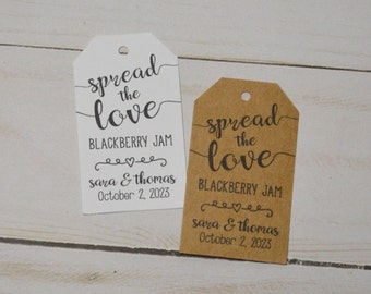 Difundir el amor, mermelada, jalea, miel, etiquetas de favor de boda, etiquetas de mermelada, etiquetas colgantes y etiquetas de regalo - Etiquetas blancas o marrones Kraft - 1.25 x 2.25