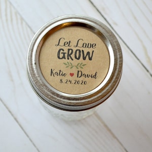 Lasciate crescere l'amore, matrimonio o sposa doccia etichette, favori adesivi, rotondo Kraft Brown 1.5 pollice o 2 pollici