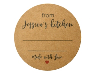 Dalla cucina di etichette personalizzate, adesivi - Fatti in casa con amore, realizzati con amore, personalizzabili con il tuo nome, adesivi Kraft da 2 pollici