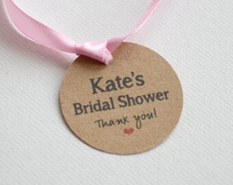 Bridal Shower or Baby Shower Round Label Kraft Brown Tags - Custom Favor Tags, Hang Tags & Gift Tags, 1.5 inch or 2 inch