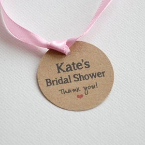 Bridal Shower or Baby Shower Round Label Kraft Brown Tags - Custom Favor Tags, Hang Tags & Gift Tags, 1.5 inch or 2 inch