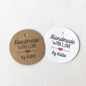 Handmade With Love, Homemade with Love,  Round Kraft Brown or White Label Tags, Hang Tags, Gift Tags - 1.5 inch or 2 inch tag