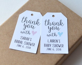 Baby or Bridal Shower, 1.25 x 2.25 White Small Label Tags - Custom Favor Tags, Hang Tags, Gift Tags - gracias con amor