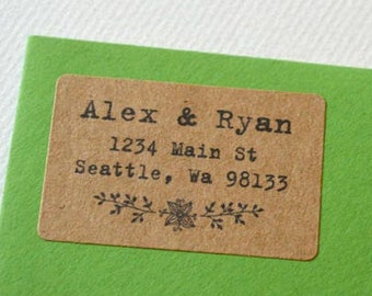 50 Address Labels Kraft Brown - 1 x 1.5 Rectangle Address Labels - Address Returns - Flowers & Leaves