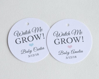 Baby Shower Watch Me Grow ronde witte Label Tags - aangepaste gunst Tags, Hang Tags, Gift Tags - 1,5 inch of 2 inch label beschikbaar