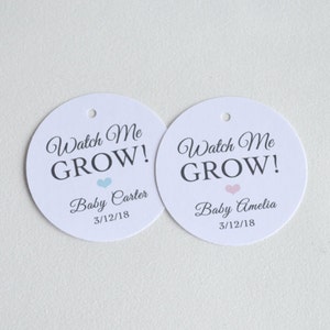 Baby Shower Watch Me Grow Round White Label Tags - Custom Favor Tags, Hang Tags, Gift Tags - 1.5 inch or 2 inch tag available