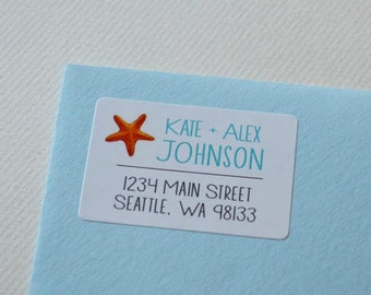 50 Address Labels Glossy 1 x 1.5 Rectangle Address Labels - Address Returns - Starfish Beach Label