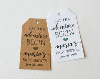 Baby or Bridal Shower, 1.25 x 2.25 White or Kraft Brown Small Label Tags - Custom Favor Tags, Hang Tags, Gift Tags - Let the adventure begin