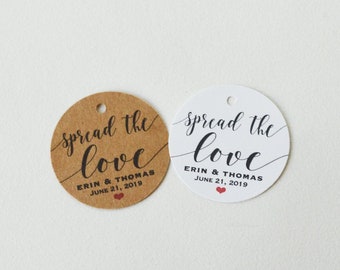 Etiquetas redondas mate blancas o kraft con texto "Difunde el amor": etiquetas personalizadas para regalos de boda, mermeladas y regalos, disponibles en 1,5 o 2 pulgadas.