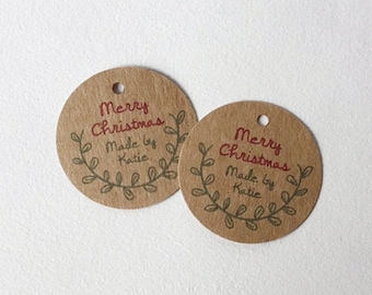 Merry Christmas Leaf Label Tags - Small Custom Gift and Candy Tags - Laurel Leaf, Mistletoe, 1.5 inch or 2 inch