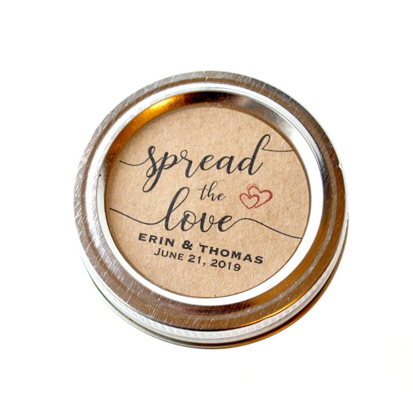 2" Round Sticker Label Tags - Custom Wedding Favor & Gift Tags - Spread the Love Double Heart Kraft