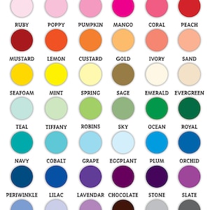 Puede incluir: Una carta de colores con 36 muestras de colores diferentes, cada una etiquetada con un nombre. Los colores van desde el rosa claro hasta el morado oscuro.