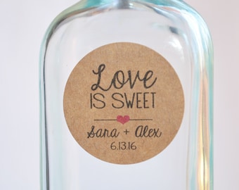 30 Kraft 1.5" Round Sticker Label Tags - Custom Wedding Favor & Gift Tags - Love is Sweet Kraft