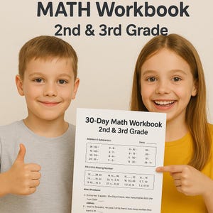 May include: Two smiling children hold a math workbook. The workbook is titled "30-Day Math Workbook 2nd & 3rd Grade" and features addition, subtraction, and word problems. The top of the image reads "MATH Workbook 2nd & 3rd Grade."