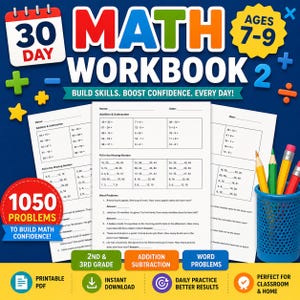30 Day Math Workbook Ages 7-9 | 1050 Problems | 2nd 3rd Grade Addition Subtraction Word Problems | Printable PDF Instant Download