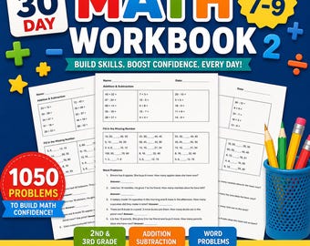 30 Day Math Workbook Ages 7-9 | 1050 Problems | 2nd 3rd Grade Addition Subtraction Word Problems | Printable PDF Instant Download
