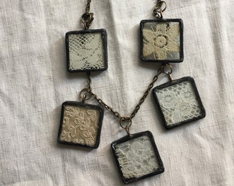 Vintage lace necklace soldered glass