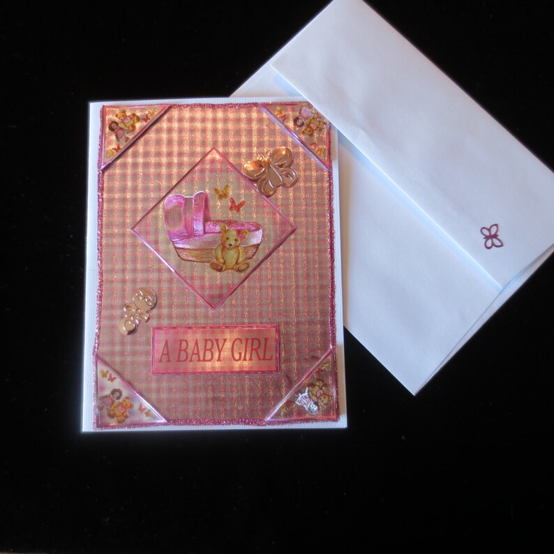 Adorable shiny pink plaid /'baby girl/' congratulations card