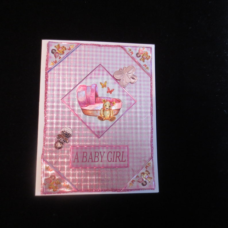 Adorable shiny pink plaid /'baby girl/' congratulations card