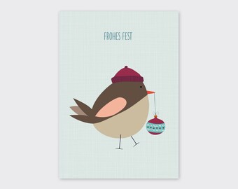Postcard Christmas Bird, Format A6, Christmas Card, Christmas Post, Holidays, Snowman, Winter, Greeting Card, Merry Feast, Illustration