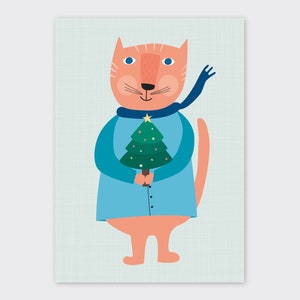 Gatto con abete, Cartolina Natale, Formato A6, Biglietto di Natale, Post di Natale, Vacanze, Pupazzo di neve, Festa allegra, Illustrazione