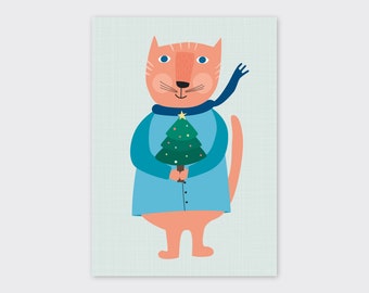 Cat with Fir Tree, Postcard Christmas, Format A6, Christmas Card, Christmas Post, Holidays, Snowman, Merry Feast, Illustration