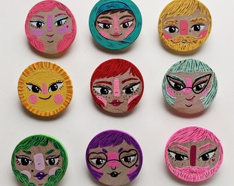 Hand Painted Wood Face Pins