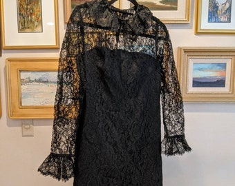 1960s Black Lace Baby doll Dress by Gay Gibson Size 9 // 60s Lacey