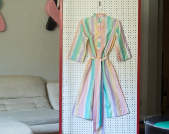 Vintage 70s 80s Catherine Ogust Forever Dress // Penthouse Collection Vertical Stripes Pastel Pale // Monkey Fist Knots & Original Belt