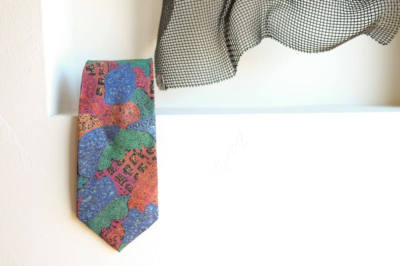Multicolored Thai Silk Neck Tie Abstract Post Modern Visual Texture Print 90s Colors