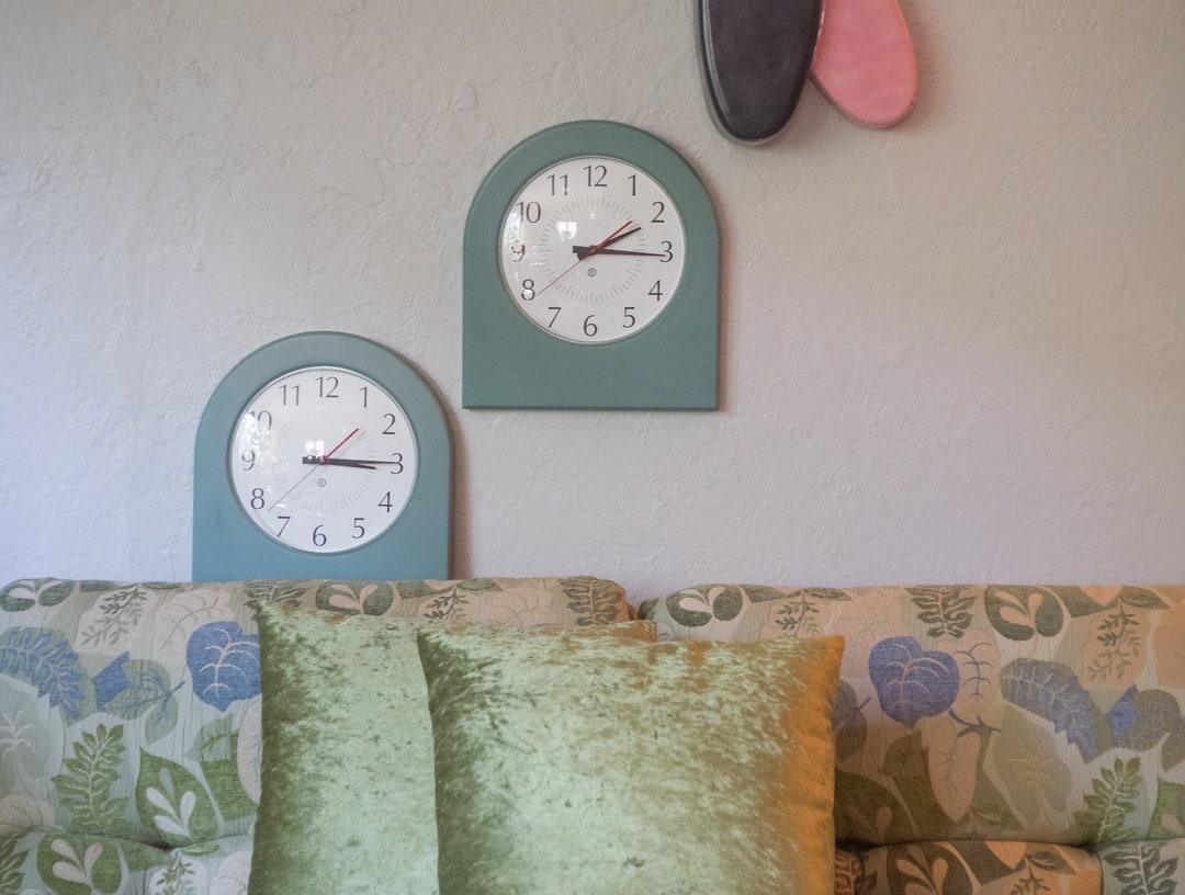 Pair of Vintage Teal Grey Wall Clocks by Peter Pepper Products